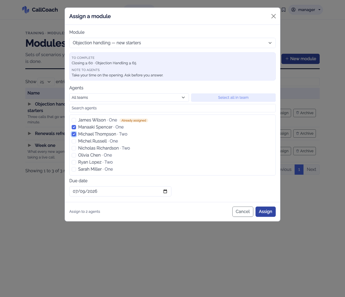 The Assign dialog: the module's rule and note, the team filter, the agent list and the due date