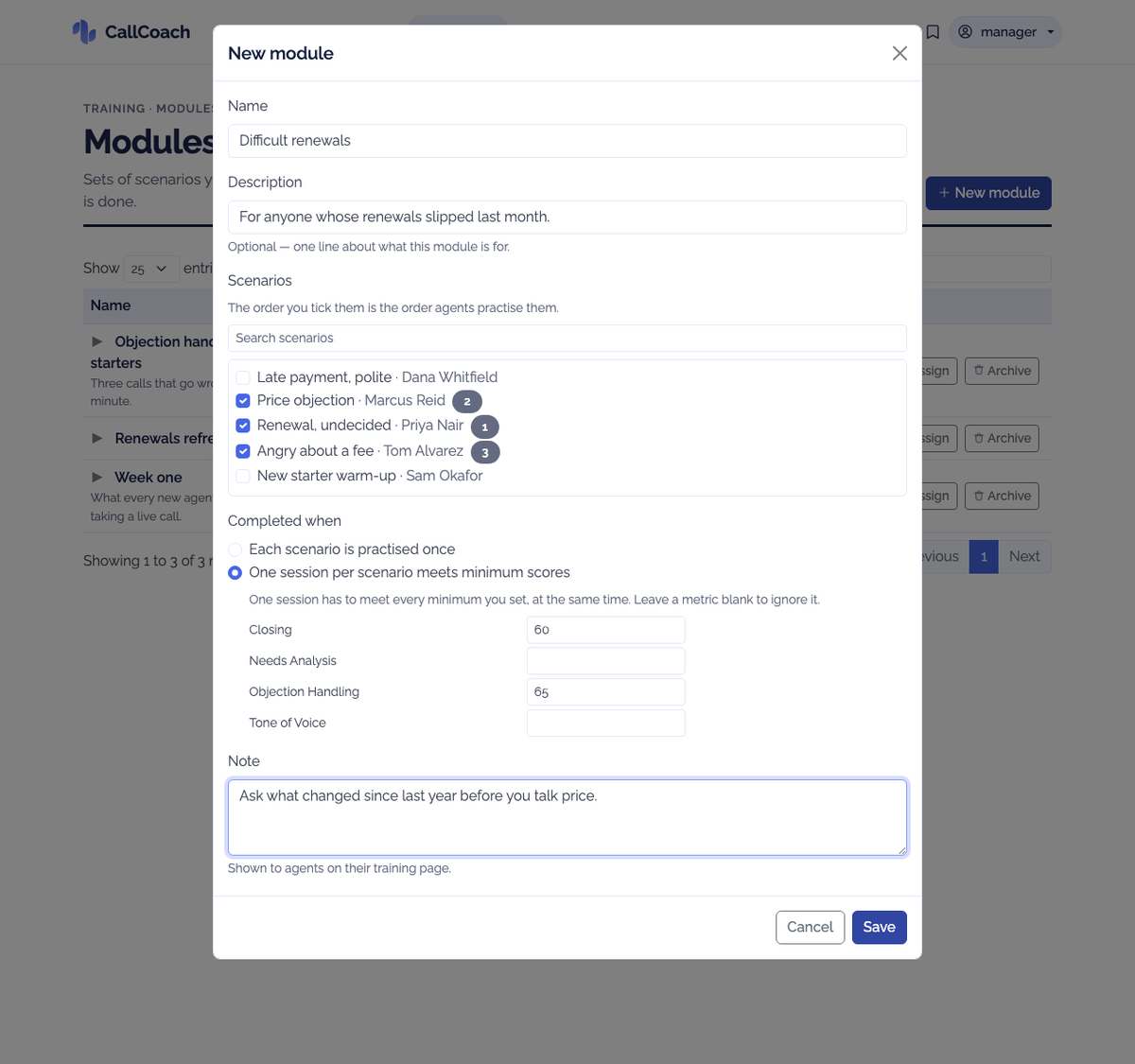 The module builder: name, scenarios, completion rule and note to agents