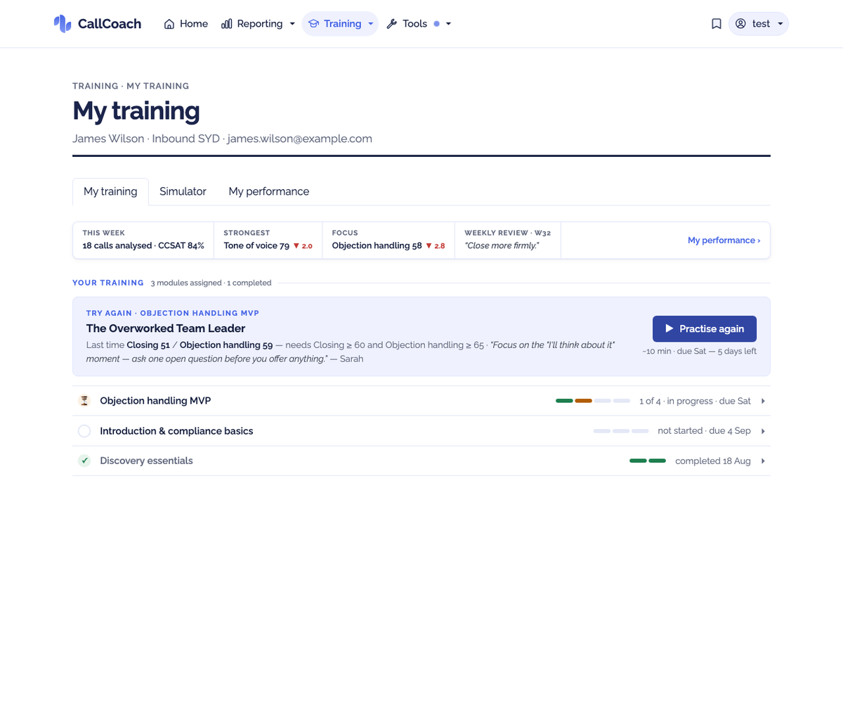 The My training tab: the week so far, what to practise next, and the module list