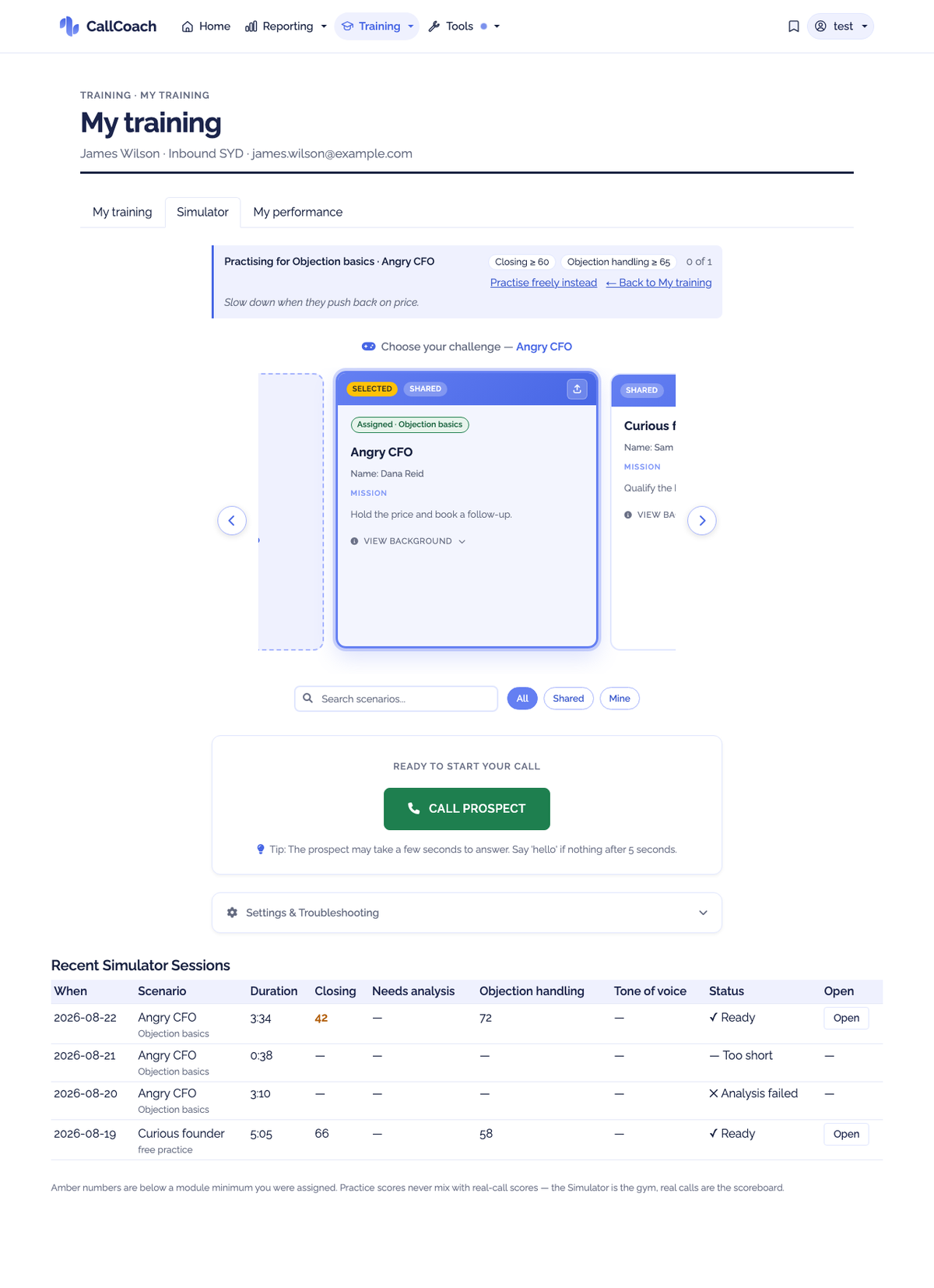 The Simulator tab: the practice context bar above the Simulator, and recent sessions below it